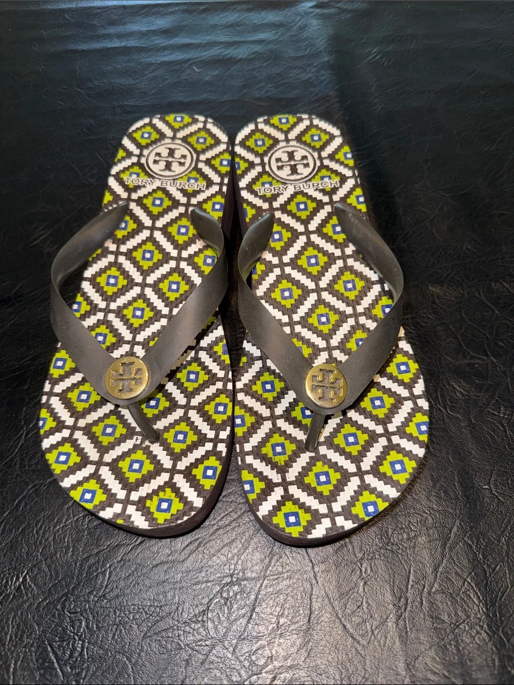 Tory Burch Dark Brown Strap Flip Flops with Lime Green & Blue Geometric Print